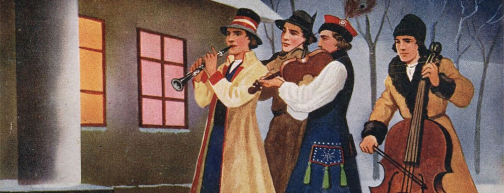 Karta pocztowa - Tradycje Świąteczne, zespół grajków (1938 r.), autorzy: W. Borowski, M. R. Polak